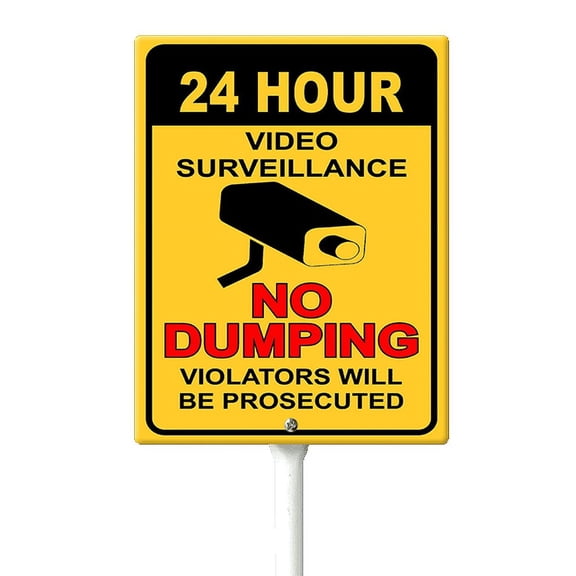 Eveokoki No Dumping 24 Hour Video Surveillance Sign 4.6 x 6 Inch Outdoor Aluminum Yard Signs with Metal Stakes for Private Property Grass Lawn No Trash Dumping