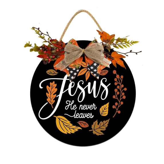 Eveokoki Fall For Jesus Leaves He Never Leaves Hanging Sign Front Door Decor Fall Decorative Wooden Sign Rustic Porch Decoration for Home Office Garden Farmhouse 11 Inch