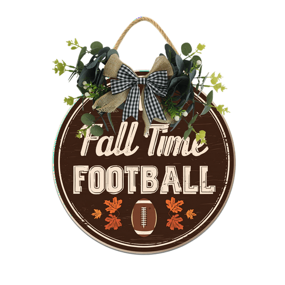 Eveokoki Fall Time Football Sign for Front Door Thanksgiving Wooden Hanging Sign Fall Welcome Wreaths with Bow Farmhouse Wall Decoration for Home Autumn Harvest Front Porch Decor 11Inch