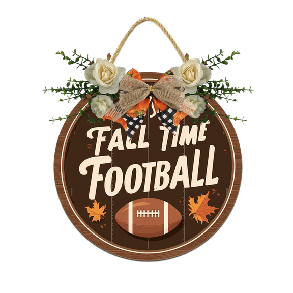 Eveokoki Fall Time Football Sign for Front Door Thanksgiving Wooden Hanging Sign Fall Welcome Wreaths with Bow Farmhouse Wall Decoration for Home Autumn Harvest Front Porch Decor 11Inch