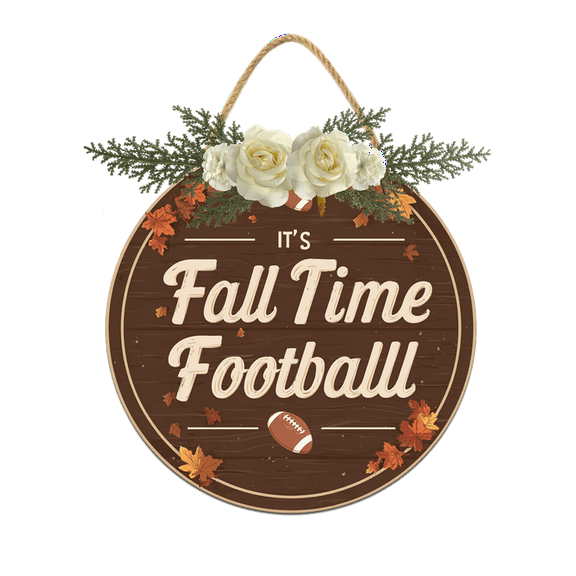 Eveokoki Fall Time Football Sign for Front Door Thanksgiving Wooden Hanging Sign Fall Welcome Wreaths with Bow Farmhouse Wall Decoration for Home Autumn Harvest Front Porch Decor 12Inch