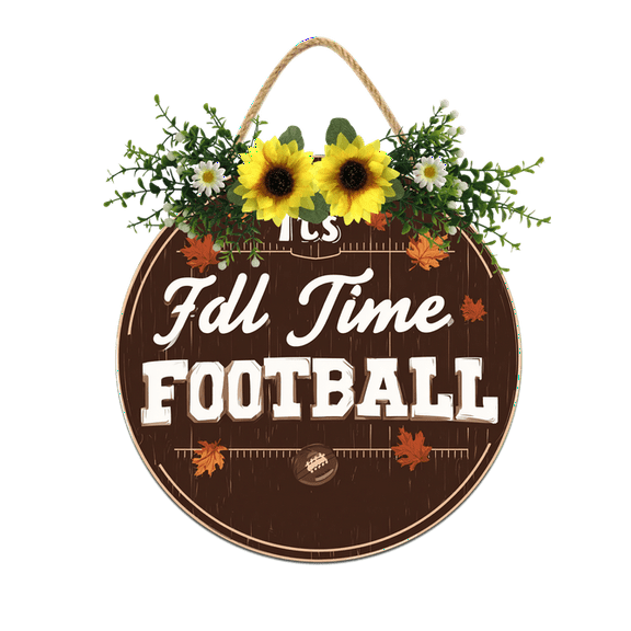 Eveokoki Fall Time Football Sign for Front Door Thanksgiving Wooden Hanging Sign Fall Welcome Wreaths with Bow Farmhouse Wall Decoration for Home Autumn Harvest Front Porch Decor 12Inch