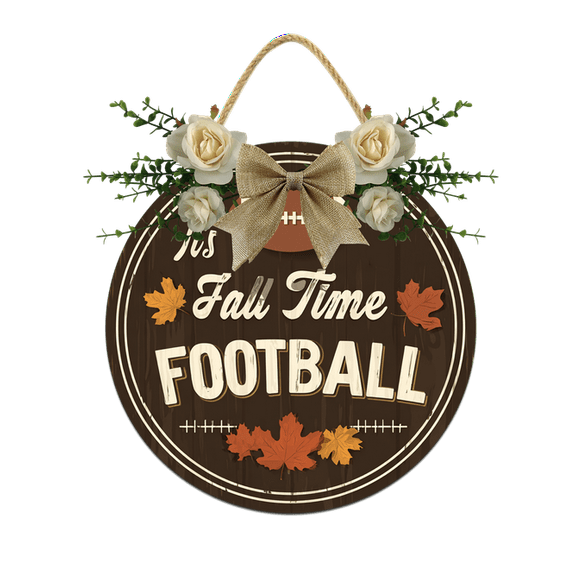 Eveokoki Fall Time Football Sign for Front Door Thanksgiving Wooden Hanging Sign Fall Welcome Wreaths with Bow Farmhouse Wall Decoration for Home Autumn Harvest Front Porch Decor 11Inch