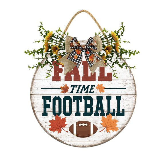 Eveokoki Fall Time Football Sign for Front Door Thanksgiving Wooden Hanging Sign Fall Welcome Wreaths with Bow Farmhouse Wall Decoration for Home Autumn Harvest Front Porch Decor 12Inch