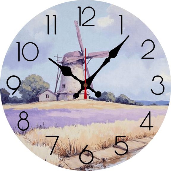 Eveokoki Farmhouse Wall Clock Battery Operated 10 Inch Silent Non-Ticking Wooden Wall Clocks Windmill Lavender Field Clock for Kitchen Living Room Bedroom Decor