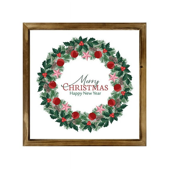 Eveokoki Farmhouse Wall Decor Signs For Christmas Decorations - Rustic 16” Wood Christmas And Happy New Year Wreath Picture Frame - Easy To Hang Indoor Holiday Decor For Your Home