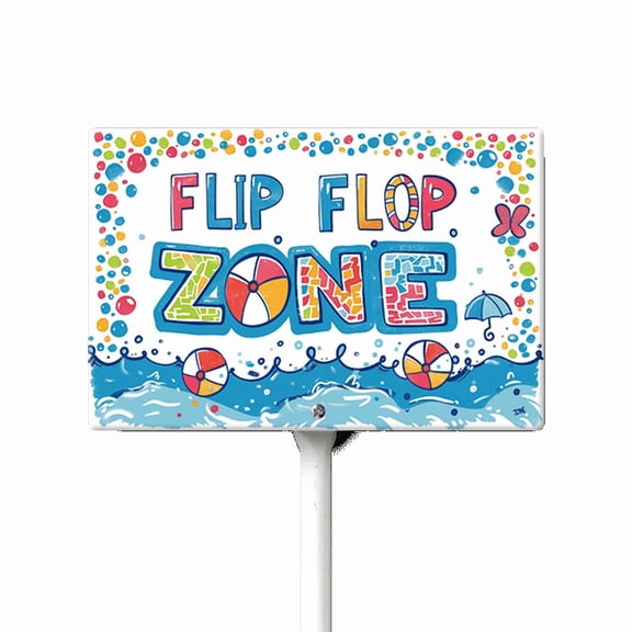 Eveokoki Flip Flop Zone Aluminum Sign Funny Pool Signs With Stake Beach House Decor Vintage Pool Tropical Beach Patio Decoration 12"x8" Beach Signs for Home Decor