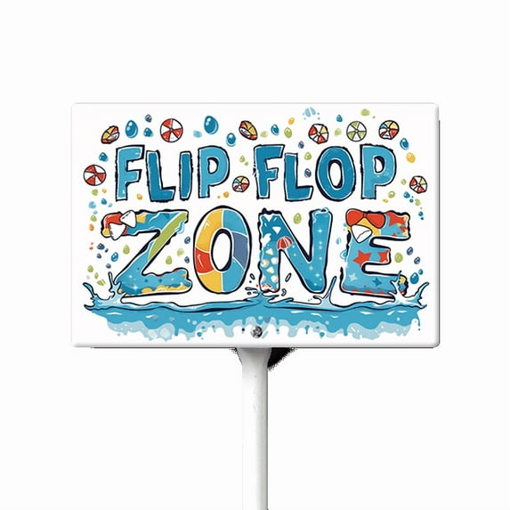 Eveokoki Flip Flop Zone Aluminum Sign Funny Pool Signs With Stake Beach House Decor Vintage Pool Tropical Beach Patio Decoration 12"x8" Beach Signs for Home Decor