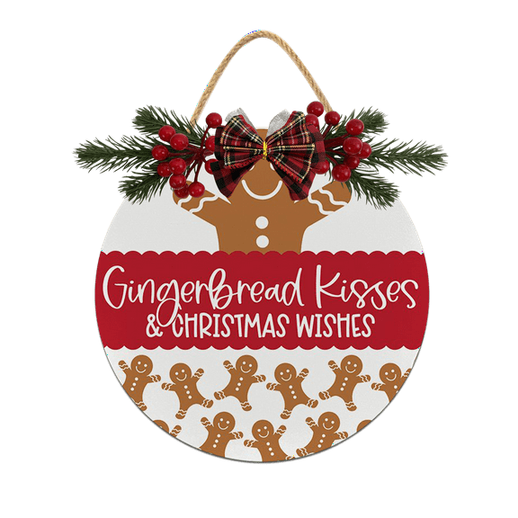 Eveokoki Gingerbread Kisses and Christmas Wishes Decorations Wreath, Wooden Hanging Sign Rustic Wooden Holiday Decor for Front Door Porch Window Wall Farmhouse Indoor Outdoor Decorations 12x12Inch