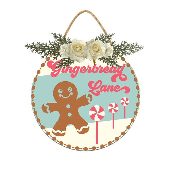 Eveokoki Gingerbread Lane Decorations Wreath, Wooden Hanging Sign Rustic Wooden Holiday Decor for Front Door Porch Window Wall Farmhouse Indoor Outdoor Decorations 12x12Inch