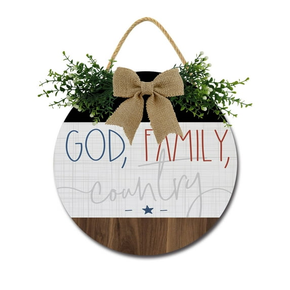 Eveokoki God Family Country Sign Farmhouse Wood Sign Front Porch Decor Rustic Wooden Sign Wall Decor Hanging Wooden Decorations with Bow-Knot for Home Porch Wall Door, 12 x 12 Inch