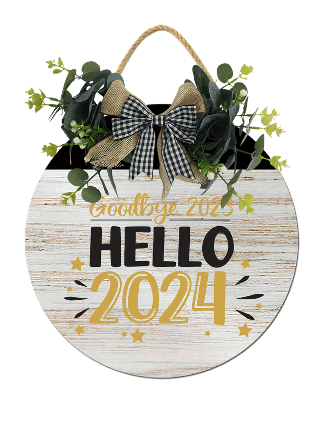 Eveokoki Goodbye 2023 Hello 2024 Door Sign Home Decor Round Wood