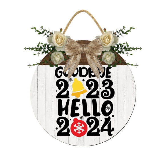 Eveokoki Goodbye 2023 Hello 2024 Door Sign Home Decor Round Wood Wreaths Wall Hanging Sign Farmhouse Porch Sign Front Door Decoration for Housewarming Gift All Seasons Holiday,12In