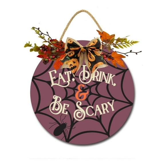 Eveokoki Halloween Decorations Door Sign, 11 Inch Rustic Eat Drink & Be Scary Wooden Hanging Sign for Front Door, Wreath with Bow Party Indoor Outdoor Decor Home
