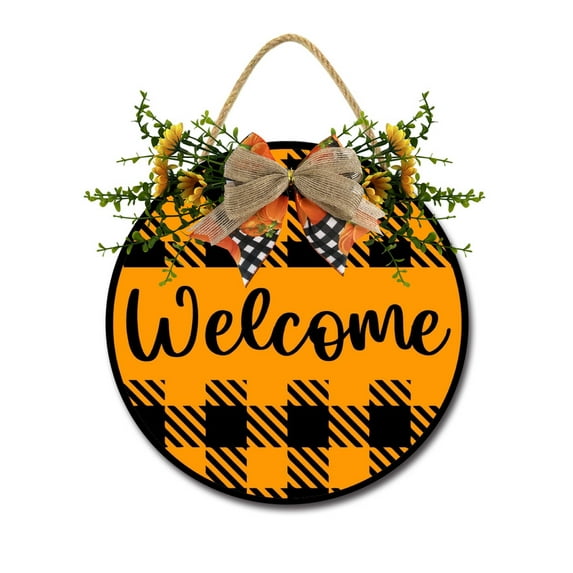 Eveokoki Halloween Decorations Door Sign, 11 Inch Rustic Welcome Halloween Wooden Hanging Sign for Front Door, Wreath with Bow Party Indoor Outdoor Decor Home