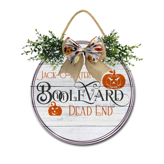 Eveokoki Halloween Decorations Door Sign, 12 Inch Rustic Boolevard Dead End Wooden Hanging Sign for Front Door, Wreath with Bow Party Indoor Outdoor Decor Home