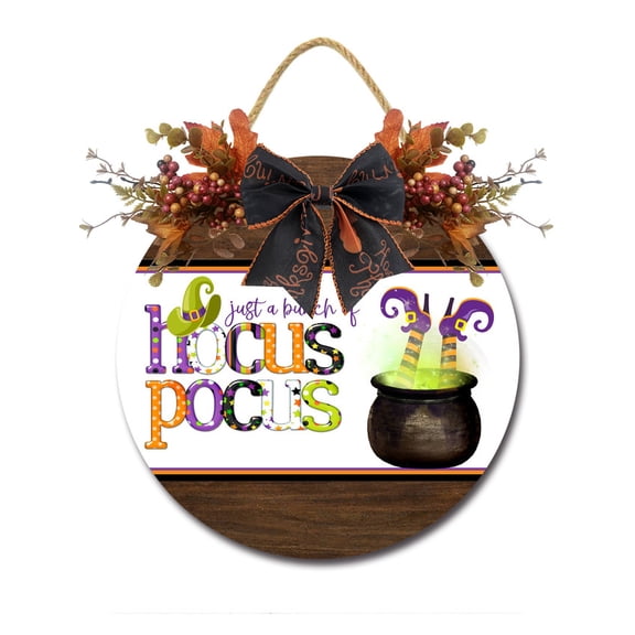 Eveokoki Halloween Decorations Door Sign, 12 Inch Rustic Hocus Pocus Wooden Hanging Sign for Front Door, Wreath with Bow Party Indoor Outdoor Decor Home