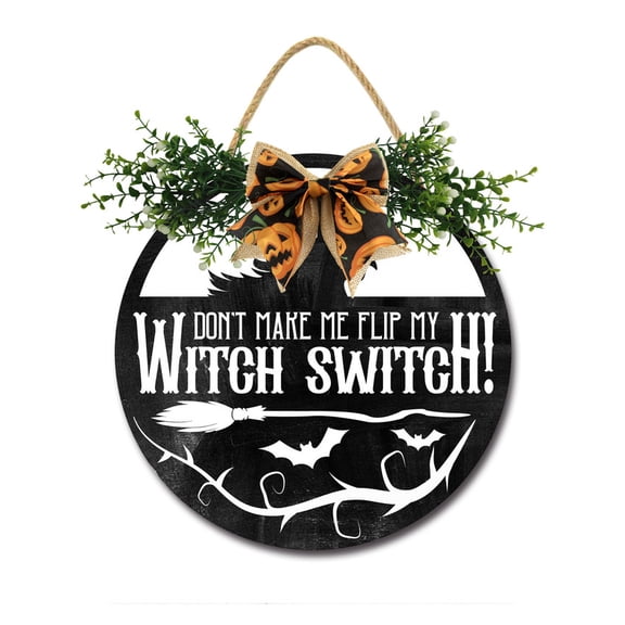 Eveokoki Halloween Decorations Door Sign, 12 Inch Rustic Don'T Make Me Flip My Witch Switch Wooden Hanging Sign for Front Door, Wreath with Bow Party Indoor Outdoor Decor Home