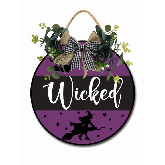 Eveokoki Halloween Decorations Door Sign, 12 Inch Rustic Wicked Halloween Wooden Hanging Sign for Front Door, Wreath with Bow Party Indoor Outdoor Decor Home