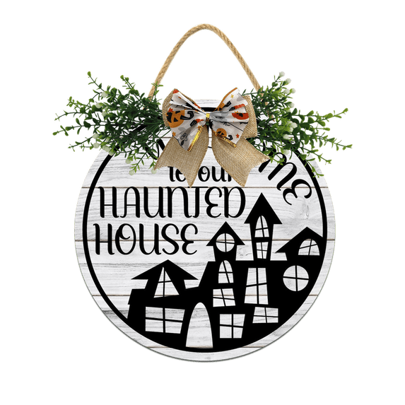 Eveokoki Halloween Wooden Hanging Sign Welcome To Our Hanted House Sign with Bow Vintage Halloween Door Hanger Sign for Farmhouse Home Window Outdoor Wall Party Decoration Supplies