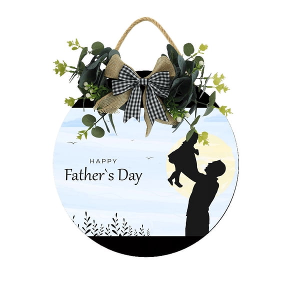 Eveokoki Happy Fathers Day Wooden Front Door Sign Rustic Round Wreath Wall Hanger Porch Decor Spring and Summer Farmhouse Decoration Housewarming Gift 12 Inches