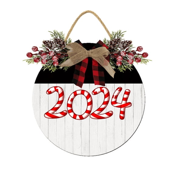 Eveokoki Happy New Year 2024 Candy Numbers Door Sign Home Decor Round Wood Wreaths Wall Hanging Sign Farmhouse Porch Sign Front Door Decoration for Housewarming Gift All Seasons Holiday,11In