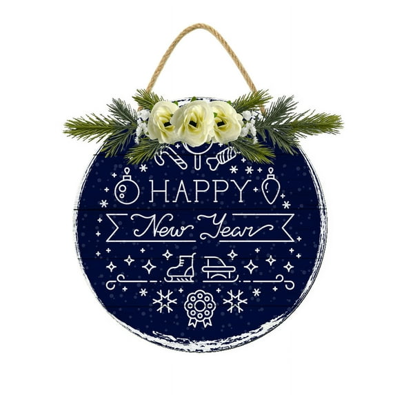 Eveokoki Happy New Year Door Sign Home Decor Round Wood Wreaths Wall Hanging Sign Farmhouse Porch Sign Front Door Decoration for Housewarming Gift All Seasons Holiday,11In