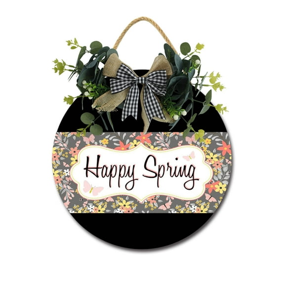 Eveokoki Happy Spring Front Door Sign Funny Wreaths Hanging Wooden Plaque Decoration Round Rustic Wood Farmhouse Porch Decor for Home Front Door Decor, 11 x 11 inch