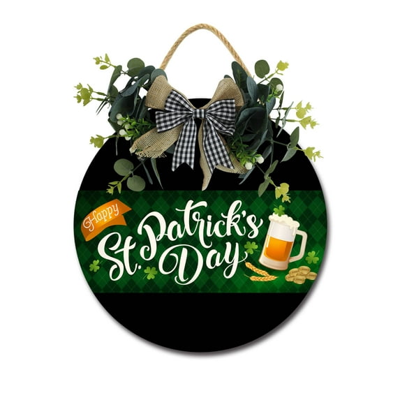 Eveokoki Happy St. Patrick‘s Day Wooden Front Door Sign Rustic Round Wreath Wall Hanger Porch Decor Spring and Summer Farmhouse Decoration Housewarming Gift 11 Inches
