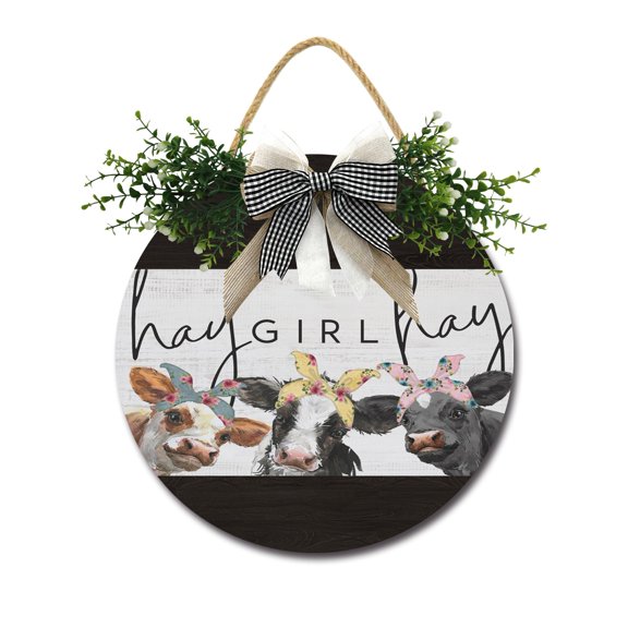 Eveokoki Hay Girl Hay Sign Farmhouse Wood Sign Front Porch Decor Rustic Wooden Sign Wall Decor Hanging Wooden Decorations with Bow-Knot for Home Porch Wall Door, 11 x 11 Inch