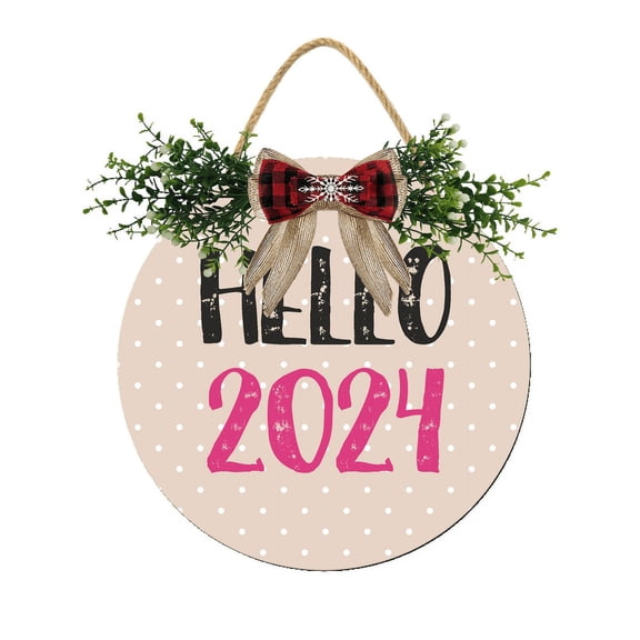 Eveokoki Hello 2024 Door Sign Home Decor Round Wood Wreaths Wall Hanging Sign Farmhouse Porch Sign Front Door Decoration for Housewarming Gift All Seasons Holiday,11In