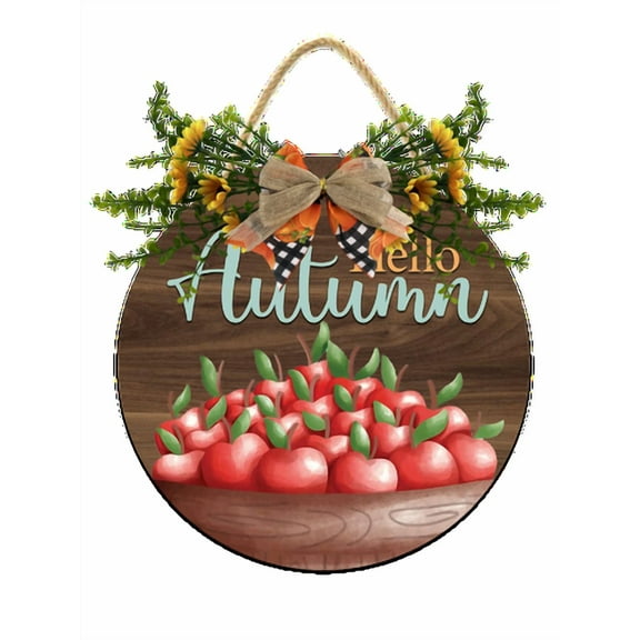 Eveokoki Hello Autumn Apple Hanging Sign Front Door Decor Fall Decorative Wooden Signs Rustic Porch Decoration for Home Office Garden Farmhouse 11 Inch