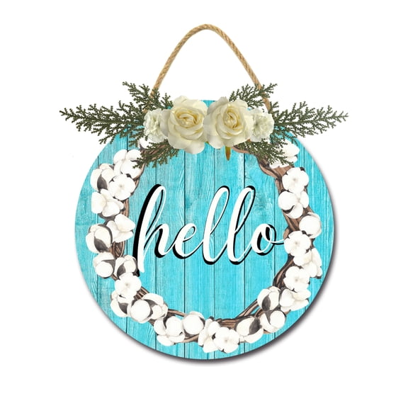 Eveokoki Hello Front Door Sign Funny Wreaths Hanging Wooden Plaque Decoration Round Rustic Wood Farmhouse Porch Decor for Home Front Door Decor, 11 x 11 Inch