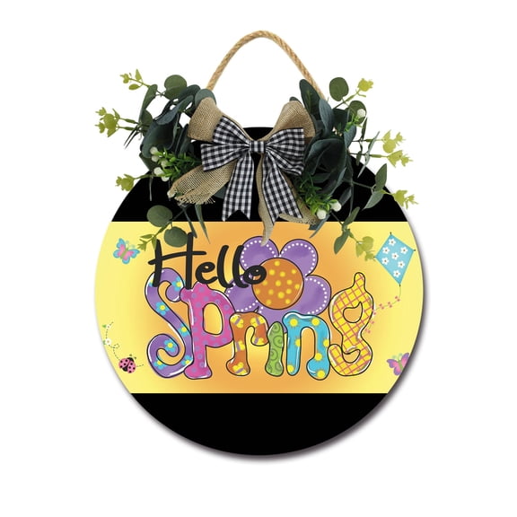 Eveokoki Hello Spring Sign Front Door Porch Decorations, Round Rustic Wood Hanging Sign for Farmhouse Porch Outdoor Home Holiday Front Door Sign Decor