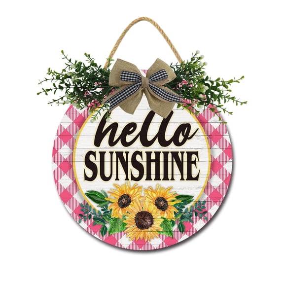 Eveokoki Hello Sunshine Front Door Sign Funny Wreaths Hanging Wooden Plaque Decoration Round Rustic Wood Farmhouse Porch Decor for Home Front Door Decor, 12 x 12 Inch