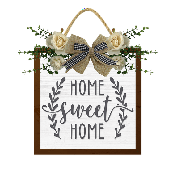 Eveokoki Home Sweet Home Wreaths Decor Sign Front Door, Round Wood Hanging Sign with Ribbon Bow and Artificial Green Leaves, Farmhouse Porch Decorations for Home 8"