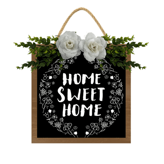 Eveokoki Home Sweet Home Wreaths Decor Sign Front Door, Round Wood Hanging Sign with Ribbon Bow and Artificial Green Leaves, Farmhouse Porch Decorations for Home 10"