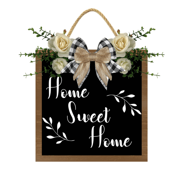 Home Sweet Home Wreaths Decor Sign Front Door, Round Wood Hanging Sign with Ribbon Bow and Artificial Green Leaves