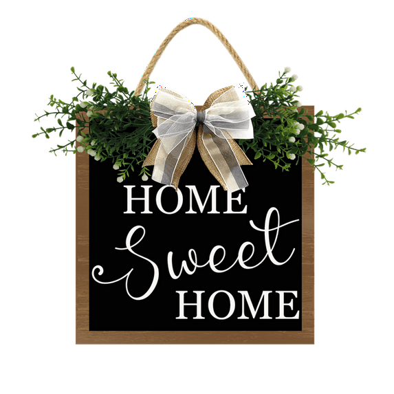 Eveokoki Home Sweet Home Wreaths Decor Sign Front Door, Round Wood Hanging Sign with Ribbon Bow and Artificial Green Leaves, Farmhouse Porch Decorations for Home 8"