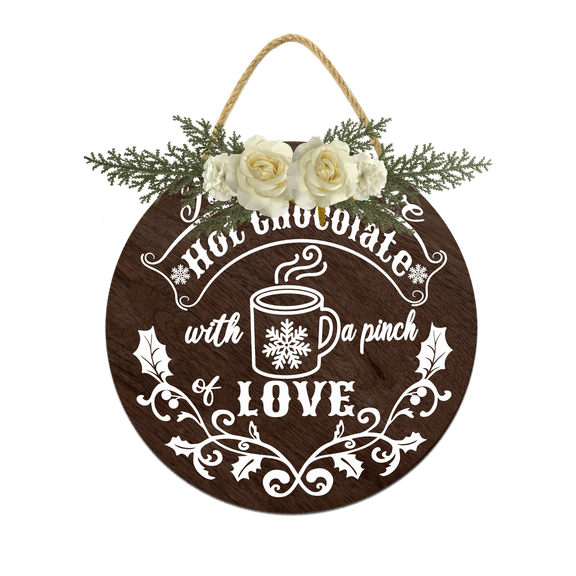 Eveokoki Hot Cocoa Decorations Wreath, Merry Christmas Hanging Sign Rustic Wooden Holiday Decor for Front Door Porch Home Window Wall Farmhouse Indoor Outdoor Decorations