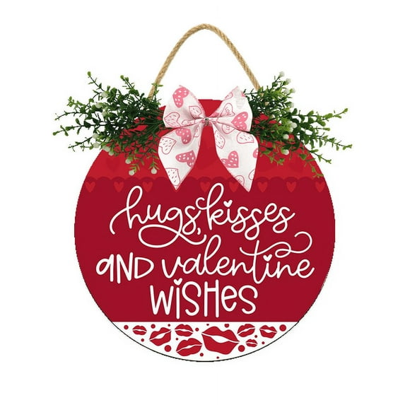 Eveokoki Hugs Kisses & Valentine's Wishes Sign for Front Door Decorations, Rustic Round Wood Holiday Sign, Front Door Wreath Burlap Wooden Hanging Signs for Outdoor Farmhouse Porch Home Spring Decor