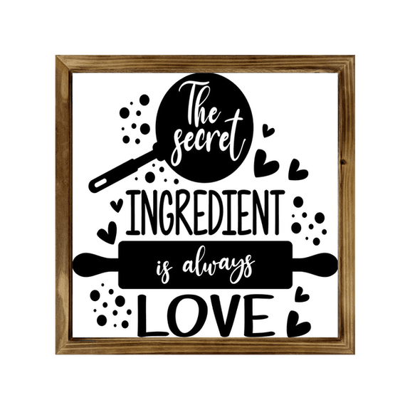 Eveokoki Kitchen Sign with Rustic Wood Frame 16x16 Inch, Secret ingredient is always love , Kitchen Decor , Farmhouse Kitchen Decor , Kitchen Decorations Wall Sign , Dining Room Wall Decor Sign