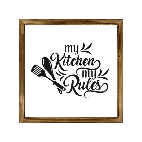 Eveokoki Kitchen Sign with Rustic Wood Frame 16x16 Inch, My kitchen rules , Kitchen Decor , Farmhouse Kitchen Decor , Kitchen Decorations Wall Sign , Dining Room Wall Decor Sign