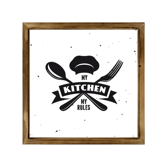 Eveokoki Kitchen Sign with Rustic Wood Frame 8x8 Inch, My kitchen rules , Kitchen Decor , Farmhouse Kitchen Decor , Kitchen Decorations Wall Sign , Dining Room Wall Decor Sign