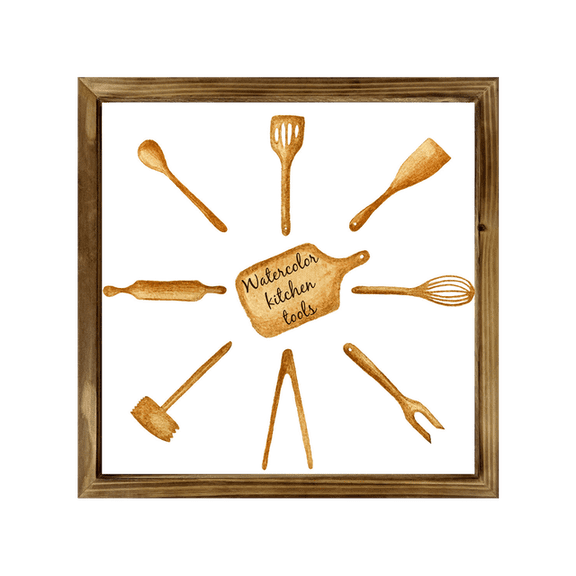Eveokoki Kitchen Sign with Rustic Wood Frame 8x8 Inch, Watercolor kitchen tools , Kitchen Decor , Farmhouse Kitchen Decor , Kitchen Decorations Wall Sign , Dining Room Wall Decor Sign