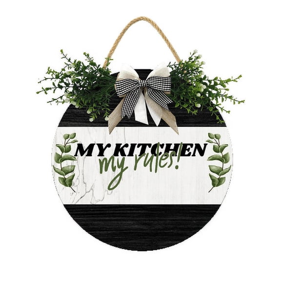 Eveokoki Kitchen Wood Hanging Signs,My Kitchen My Rules Wooden Sign with Sayings for Wall Decor,Funny Home Sign Decor for Front Door 12x12Inch