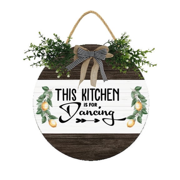 Eveokoki Kitchen Wood Hanging Signs,This Kitchen Is For Dancing Wooden Sign with Sayings for Wall Decor,Funny Home Sign Decor for Front Door 12x12Inch