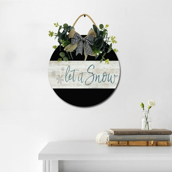 Eveokoki Let It Snow Wooden Front Door Sign Rustic Round Wreath Wall Hanger Porch Decor Spring and Summer Farmhouse Decoration Housewarming Gift 12 Inches