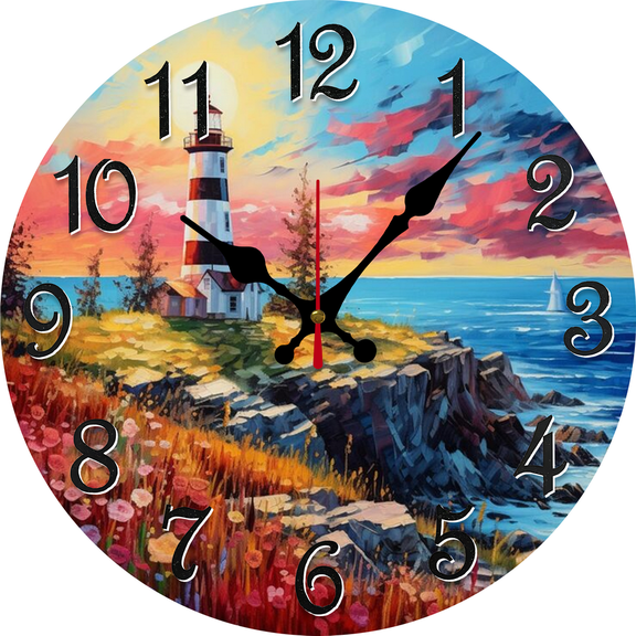 Eveokoki Lighthouse Rocky Shore Quiet Rustic Wooden Wall Clock - 10 Inch Coastal Round Wall-Clock Battery Operated Silent Vintage Clocks for Farmhouse, Bedroom Decor