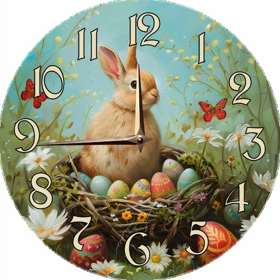 Eveokoki Luffy Rabbit Sits Colorful Nest Round Wall Clock Decorative, 10 Inch Battery Operated Quartz Analog Quiet Desk Clock for Home,Office,School